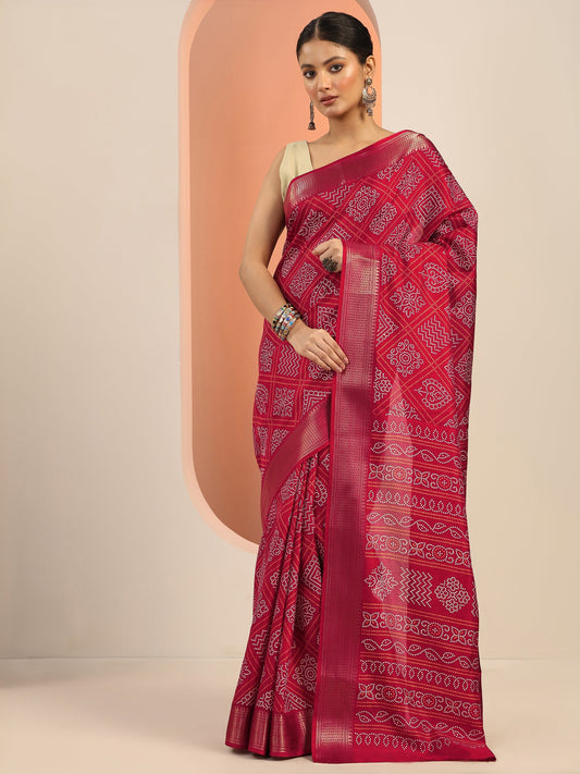 Red Printed Silk Blend Saree With Unstitched Blouse Piece