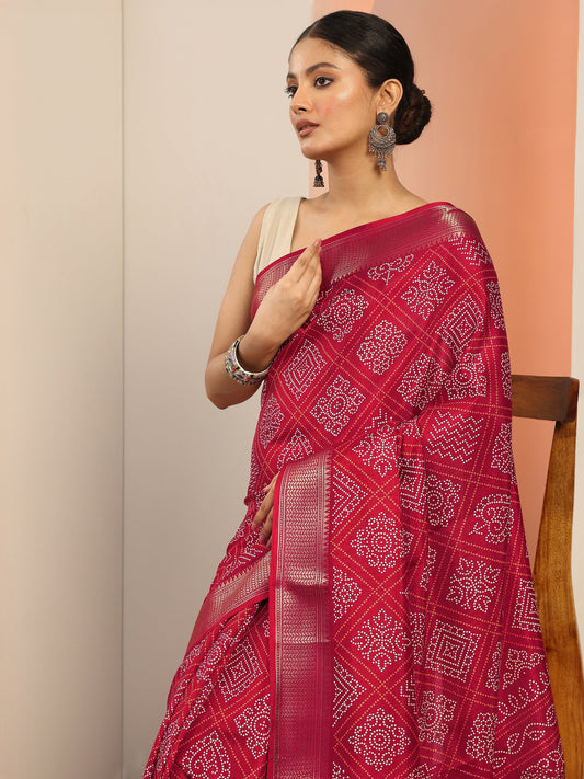 Red Printed Silk Blend Saree With Unstitched Blouse Piece