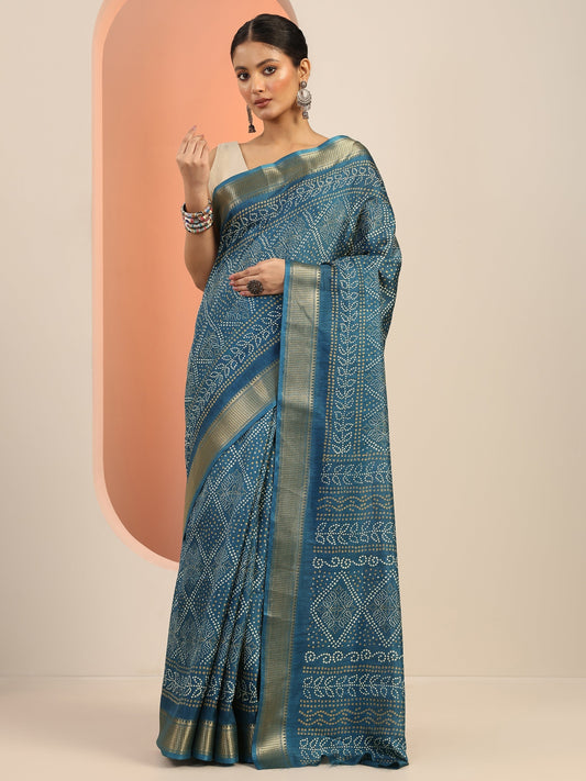 Teal Printed Silk Blend Saree With Unstitched Blouse Piece