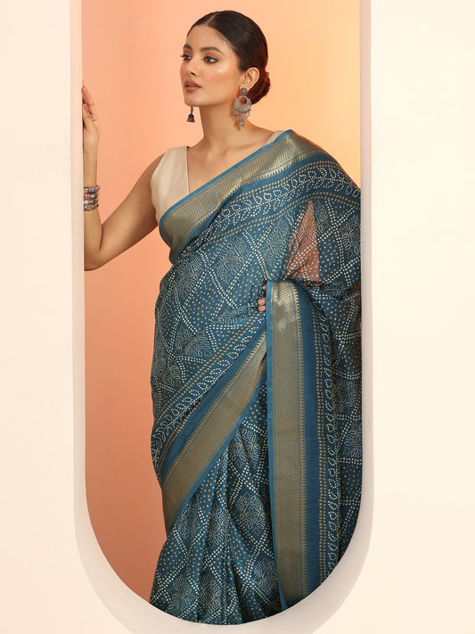 Teal Printed Silk Blend Saree With Unstitched Blouse Piece