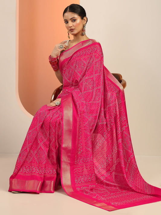 Pink Printed Silk Blend Saree With Unstitched Blouse Piece