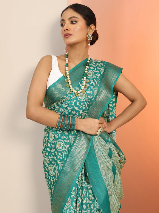 Teal Printed Silk Blend Saree With Unstitched Blouse Piece
