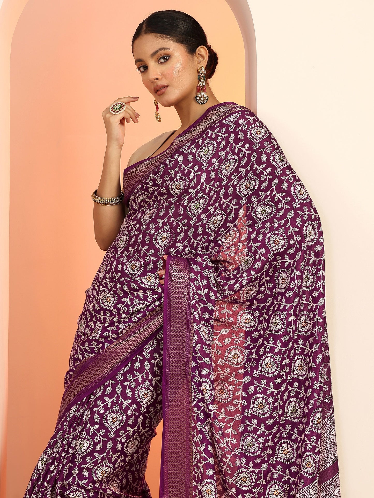 Burgundy Printed Silk Blend Saree With Unstitched Blouse Piece
