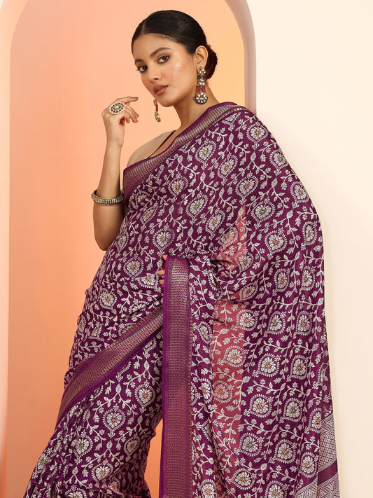 Burgundy Printed Silk Blend Saree With Unstitched Blouse Piece