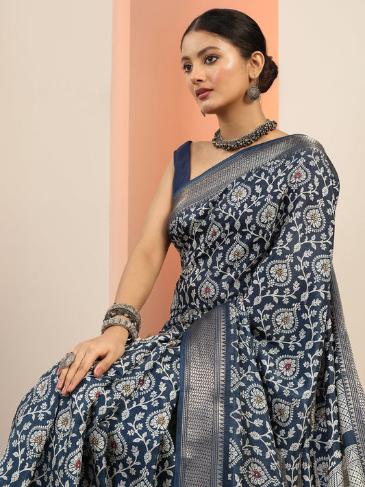 Navy Blue Printed Silk Blend Saree With Unstitched Blouse Piece