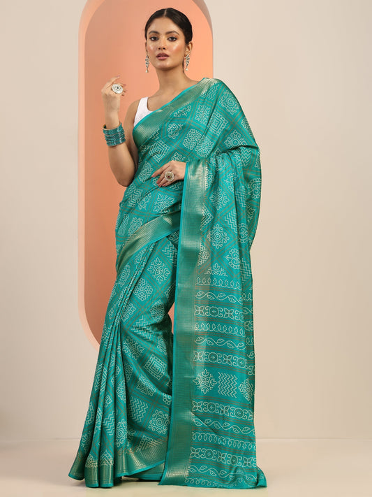 Teal Printed Silk Blend Saree With Unstitched Blouse Piece