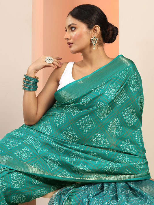 Teal Printed Silk Blend Saree With Unstitched Blouse Piece