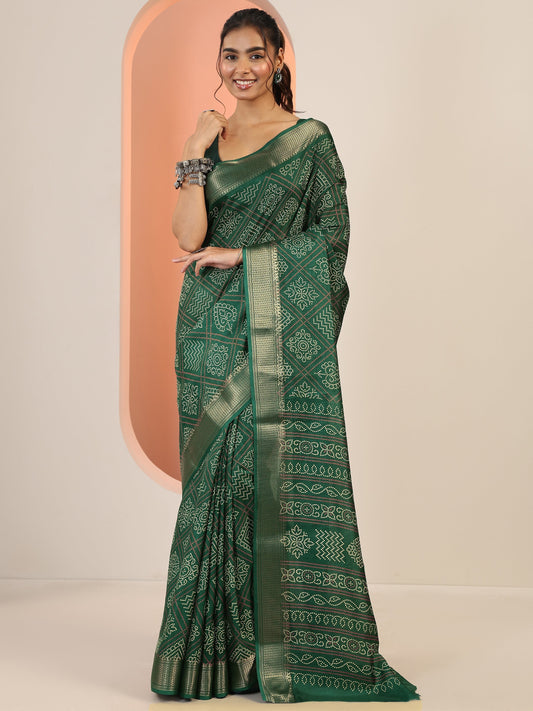 Green Printed Silk Blend Saree With Unstitched Blouse Piece