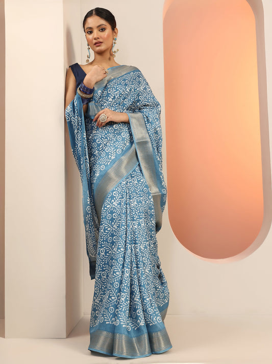 Blue Printed Silk Blend Saree With Unstitched Blouse Piece