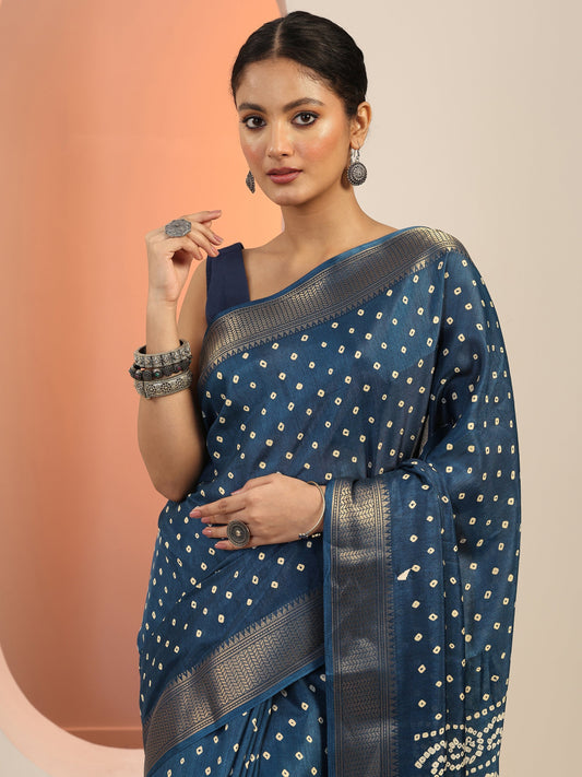 Blue Printed Silk Blend Saree With Unstitched Blouse Piece