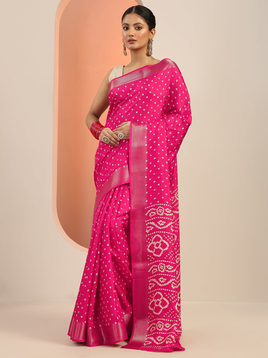 Pink Printed Silk Blend Saree With Unstitched Blouse Piece