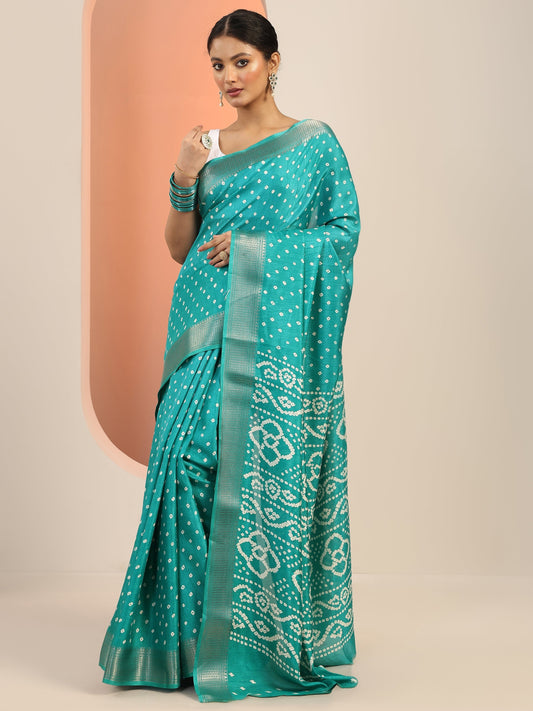 Turquoise Blue Printed Silk Blend Saree With Unstitched Blouse Piece