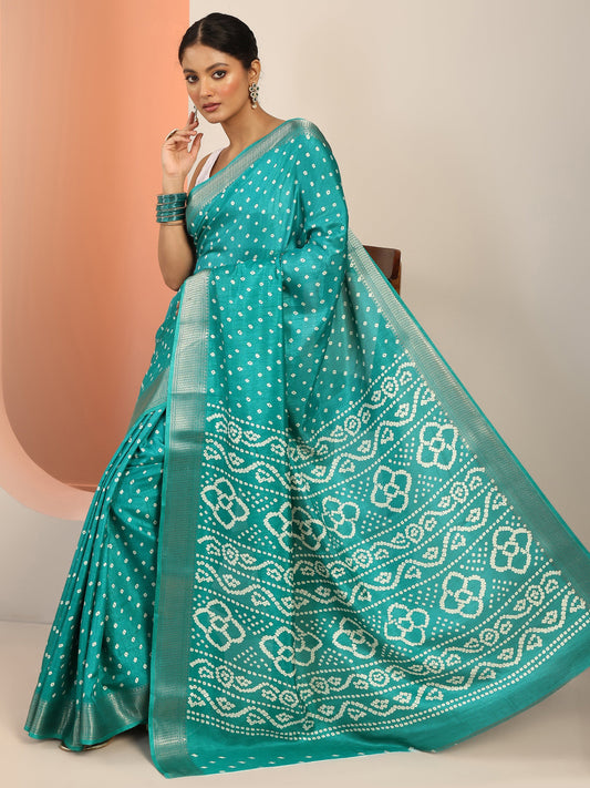 Turquoise Blue Printed Silk Blend Saree With Unstitched Blouse Piece