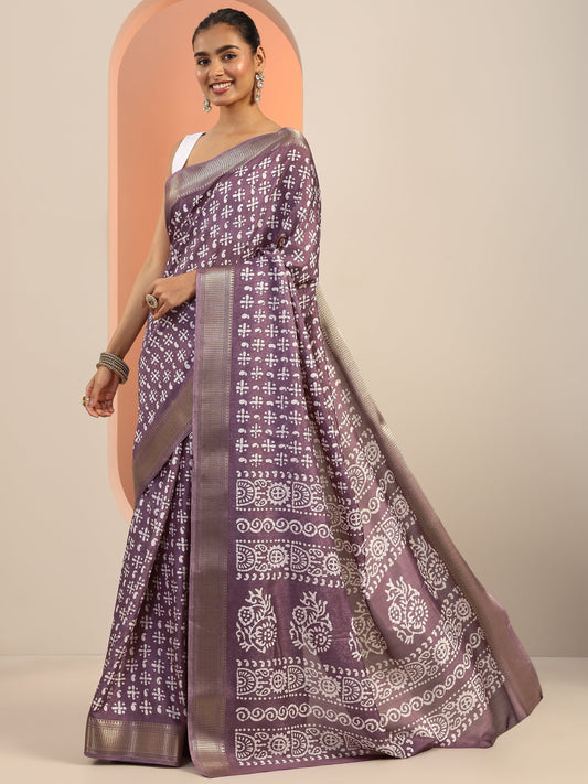 Mauve Printed Silk Blend Saree With Unstitched Blouse Piece