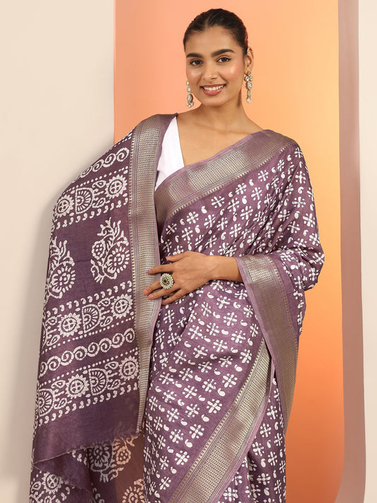 Mauve Printed Silk Blend Saree With Unstitched Blouse Piece