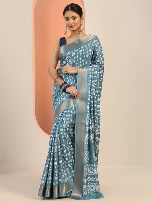 Blue Printed Silk Blend Saree With Unstitched Blouse Piece
