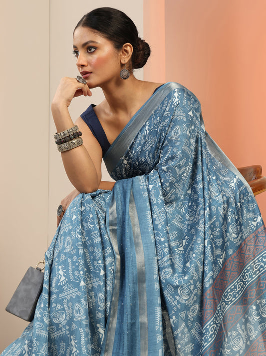 Blue Printed Silk Blend Saree With Unstitched Blouse Piece