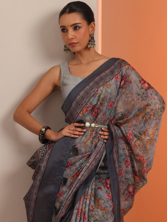 Grey Printed Chanderi Saree With Unstitched Blouse Piece