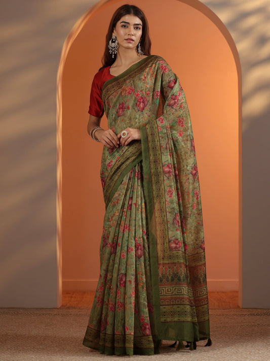 Green Printed Silk Blend Saree With Unstitched Blouse Piece