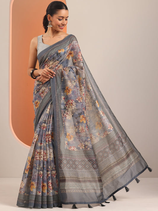 Blue Printed Silk Blend Saree With Unstitched Blouse Piece