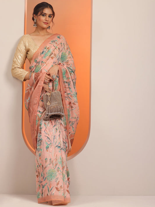 Peach Printed Silk Blend Saree With Unstitched Blouse Piece