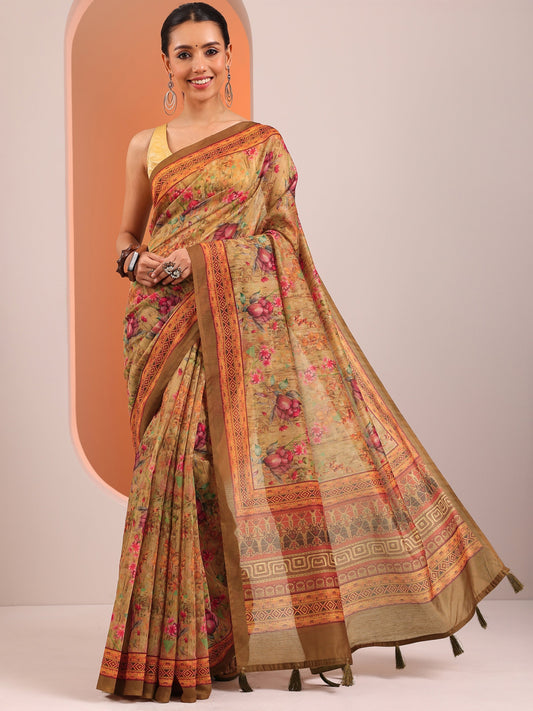 Mustard Printed Silk Blend Saree With Unstitched Blouse Piece