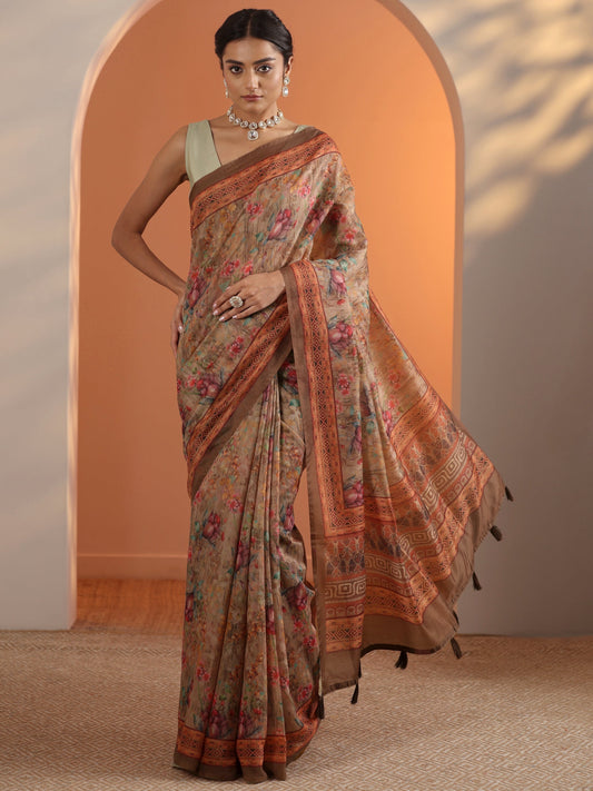Rust Printed Silk Blend Saree With Unstitched Blouse Piece
