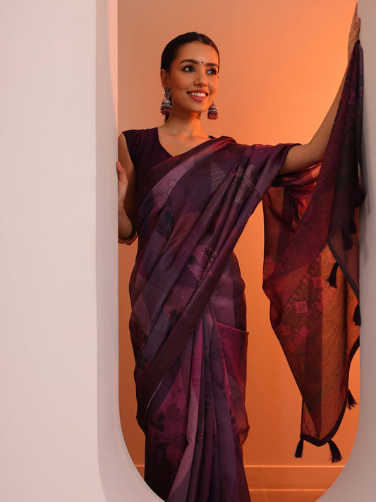 Purple Printed Silk Blend Saree With Unstitched Blouse Piece