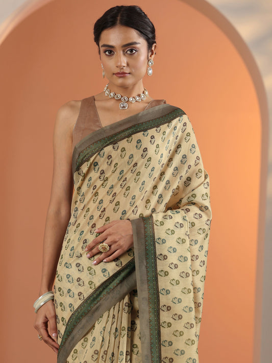 Beige Printed Silk Blend Saree With Unstitched Blouse Piece