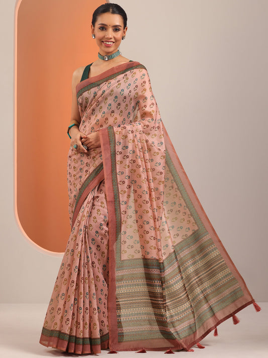 Peach Printed Silk Blend Saree With Unstitched Blouse Piece