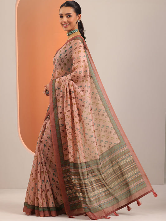 Peach Printed Silk Blend Saree With Unstitched Blouse Piece