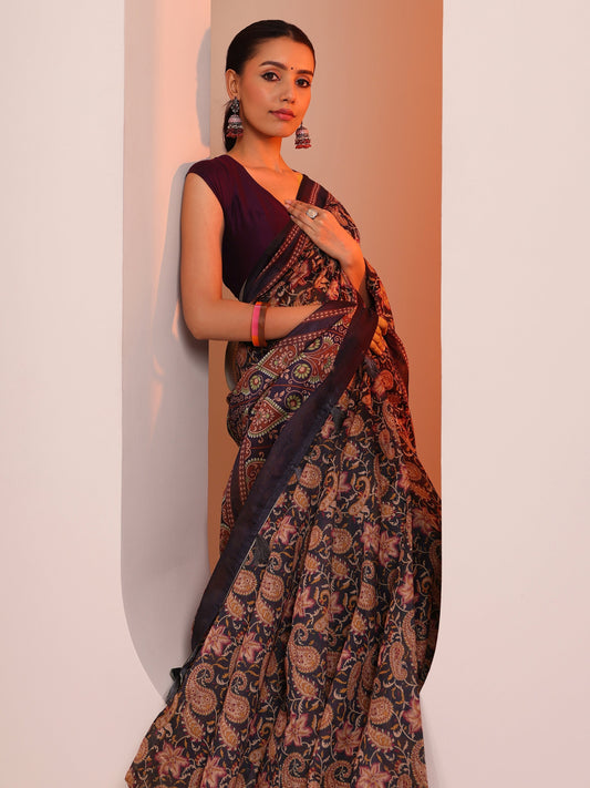 Rust Printed Silk Blend Saree With Unstitched Blouse Piece