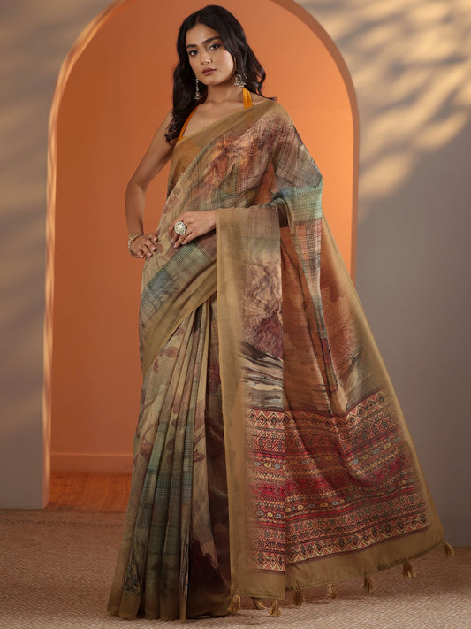 Tan Printed Silk Blend Saree With Unstitched Blouse Piece