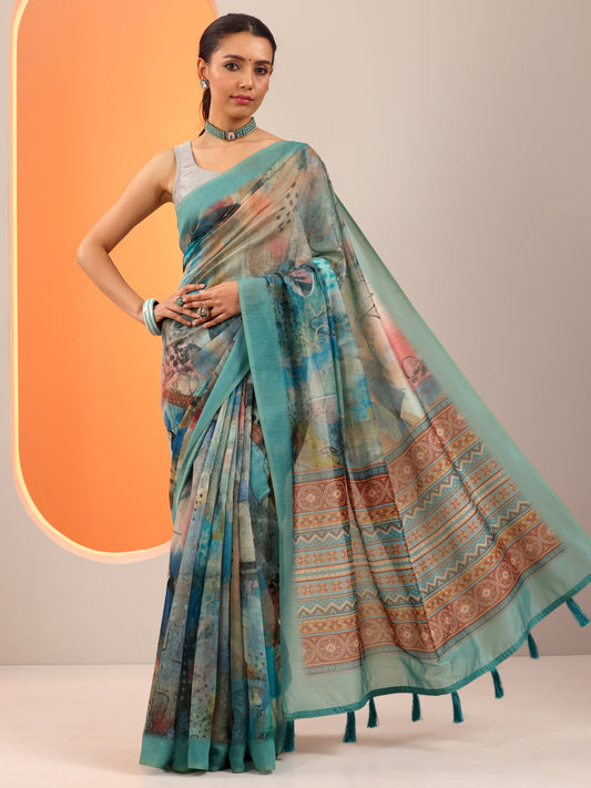 Blue Printed Silk Blend Saree With Unstitched Blouse Piece