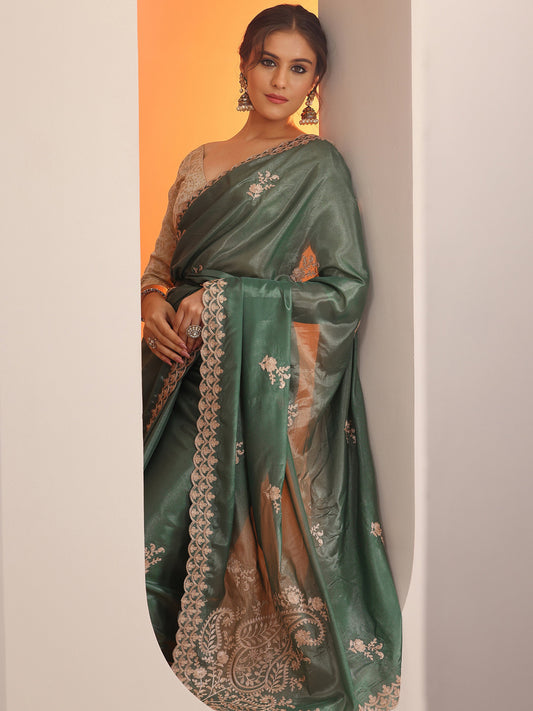 Green Embellished Silk Blend Saree With Unstitched Blouse Piece