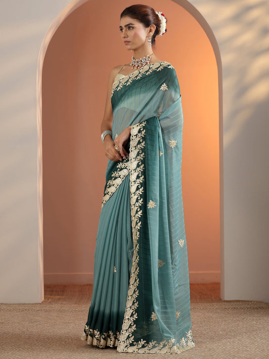 Blue Embellished Silk Blend Saree With Unstitched Blouse Piece