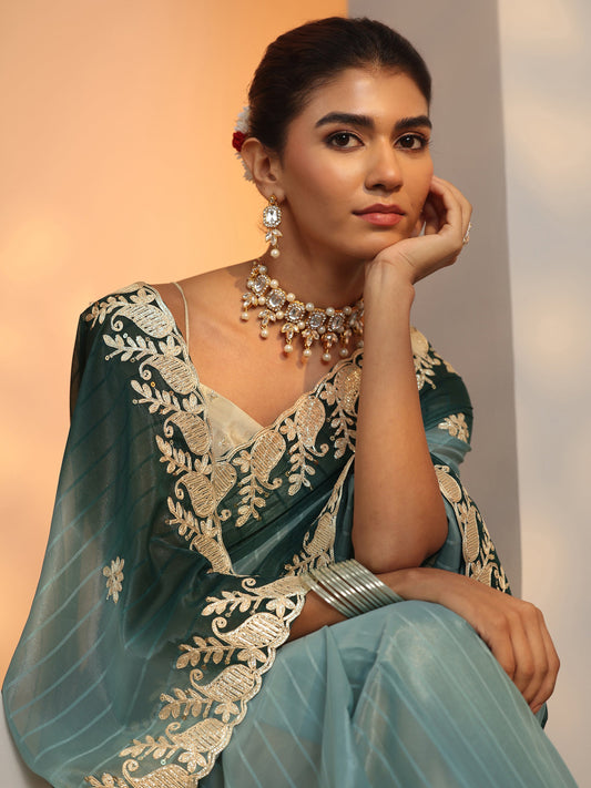 Blue Embellished Silk Blend Saree With Unstitched Blouse Piece