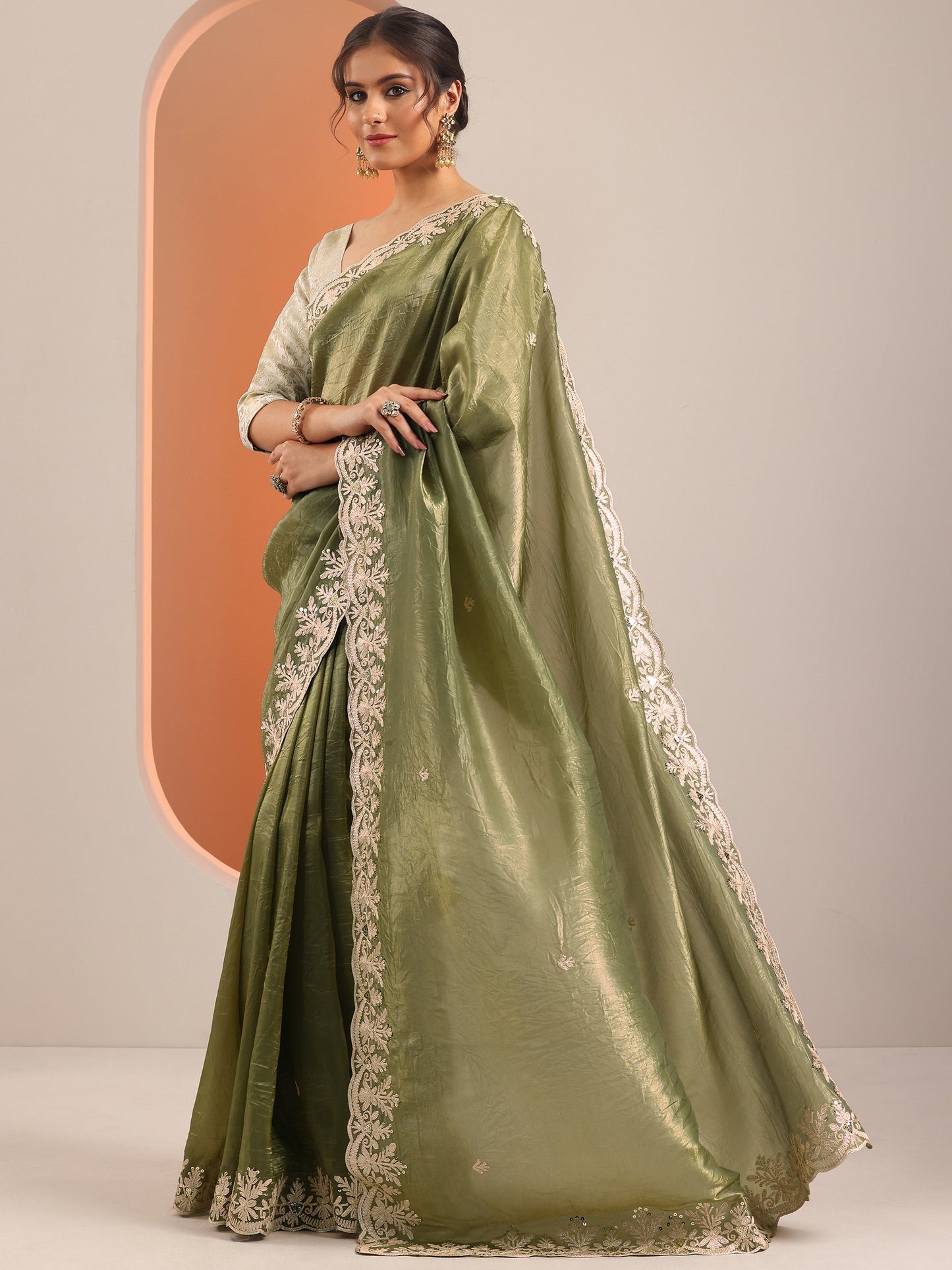 Olive Embroidered Jimmy Choo Organza Saree With Unstitched Blouse Piece