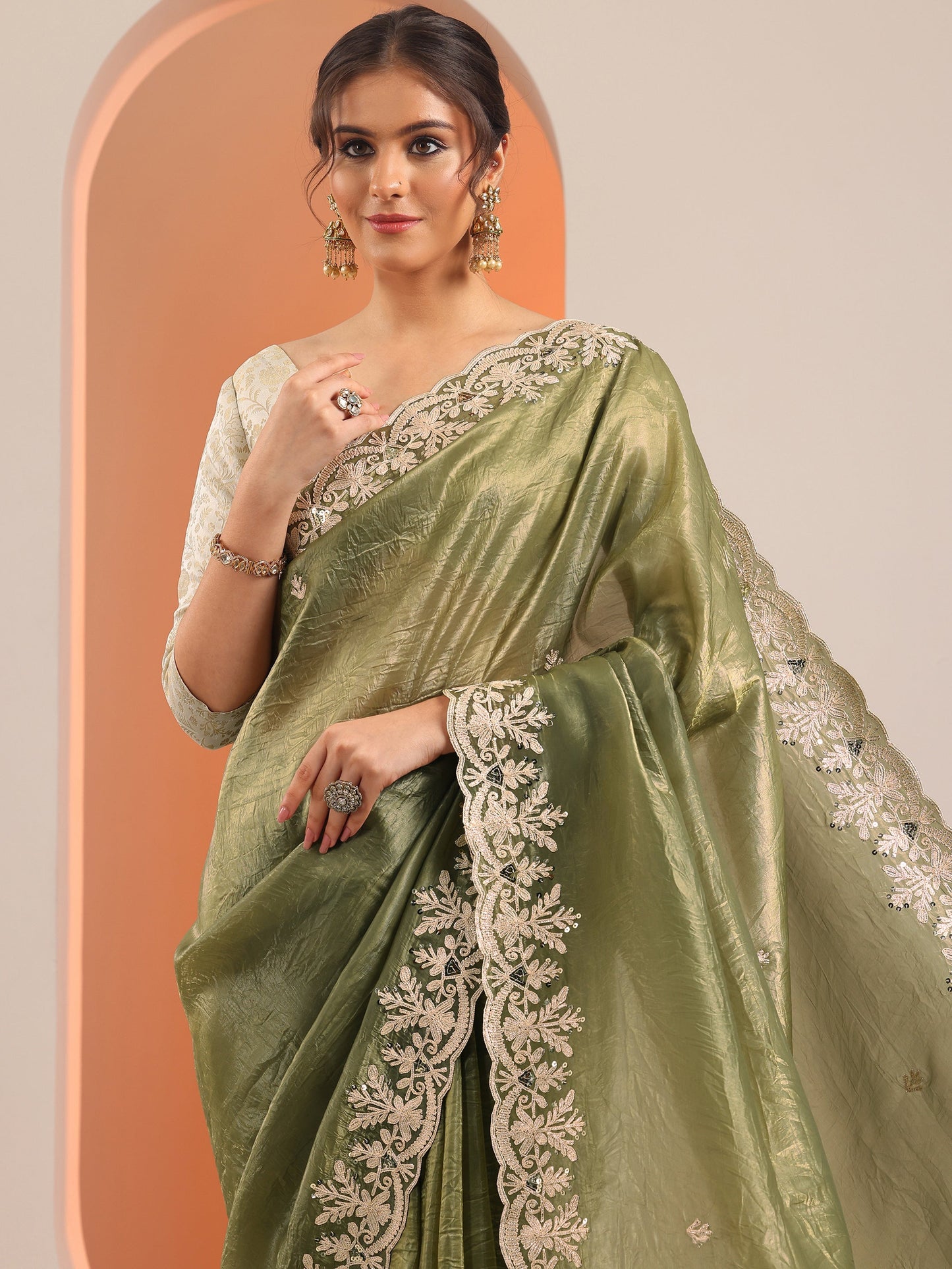 Olive Embroidered Jimmy Choo Organza Saree With Unstitched Blouse Piece