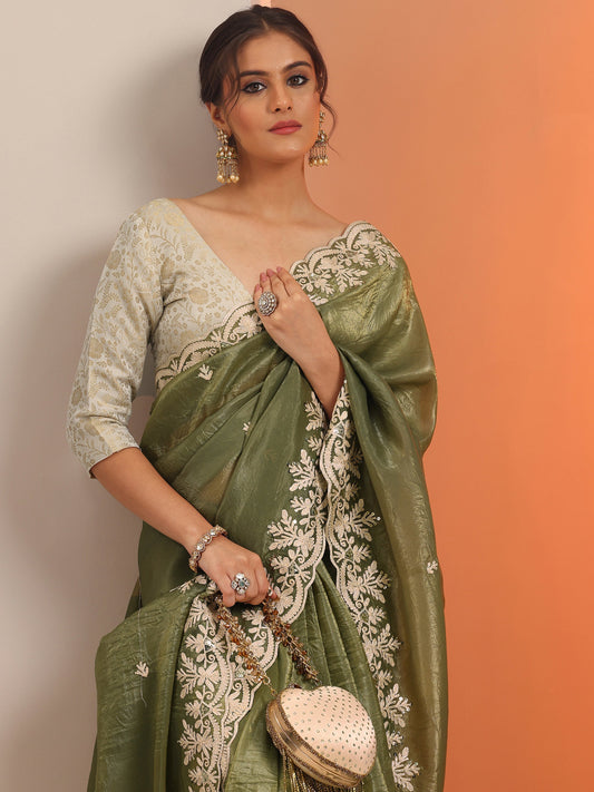 Olive Embroidered Jimmy Choo Organza Saree With Unstitched Blouse Piece