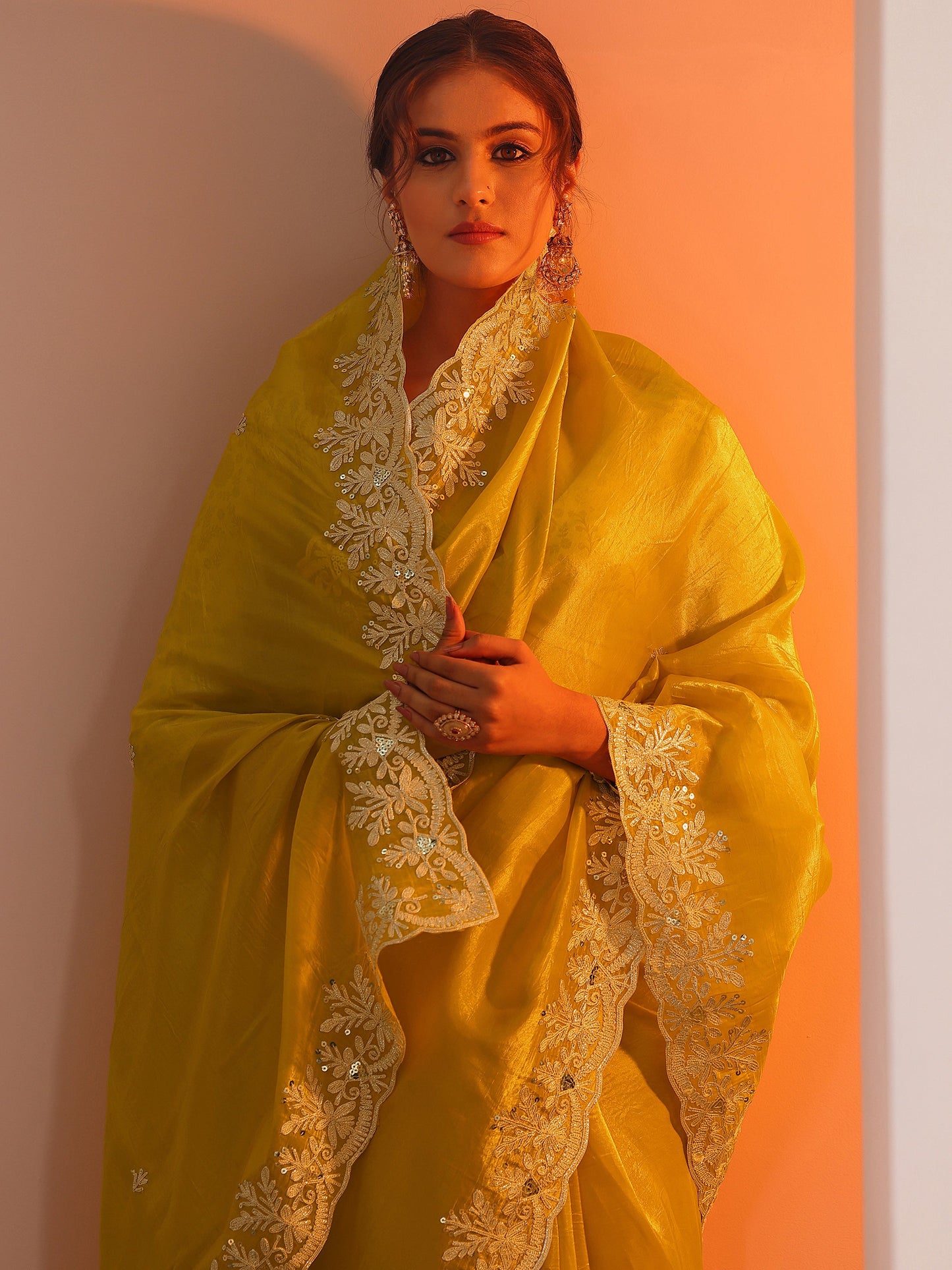 Yellow Embroidered Organza Saree With Unstitched Blouse Piece