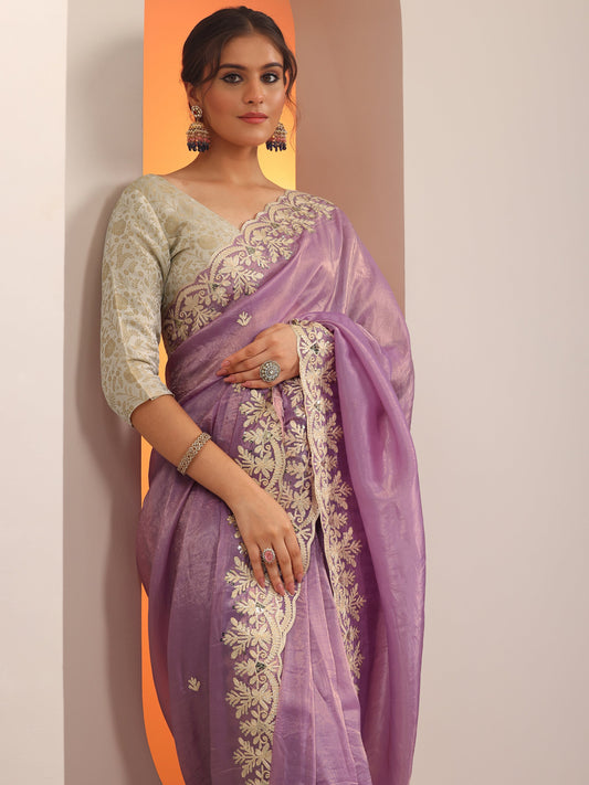Lavender Embroidered Organza Saree With Unstitched Blouse Piece