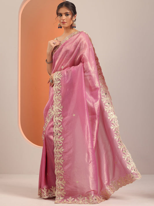 Pink Embroidered Organza Saree With Unstitched Blouse Piece