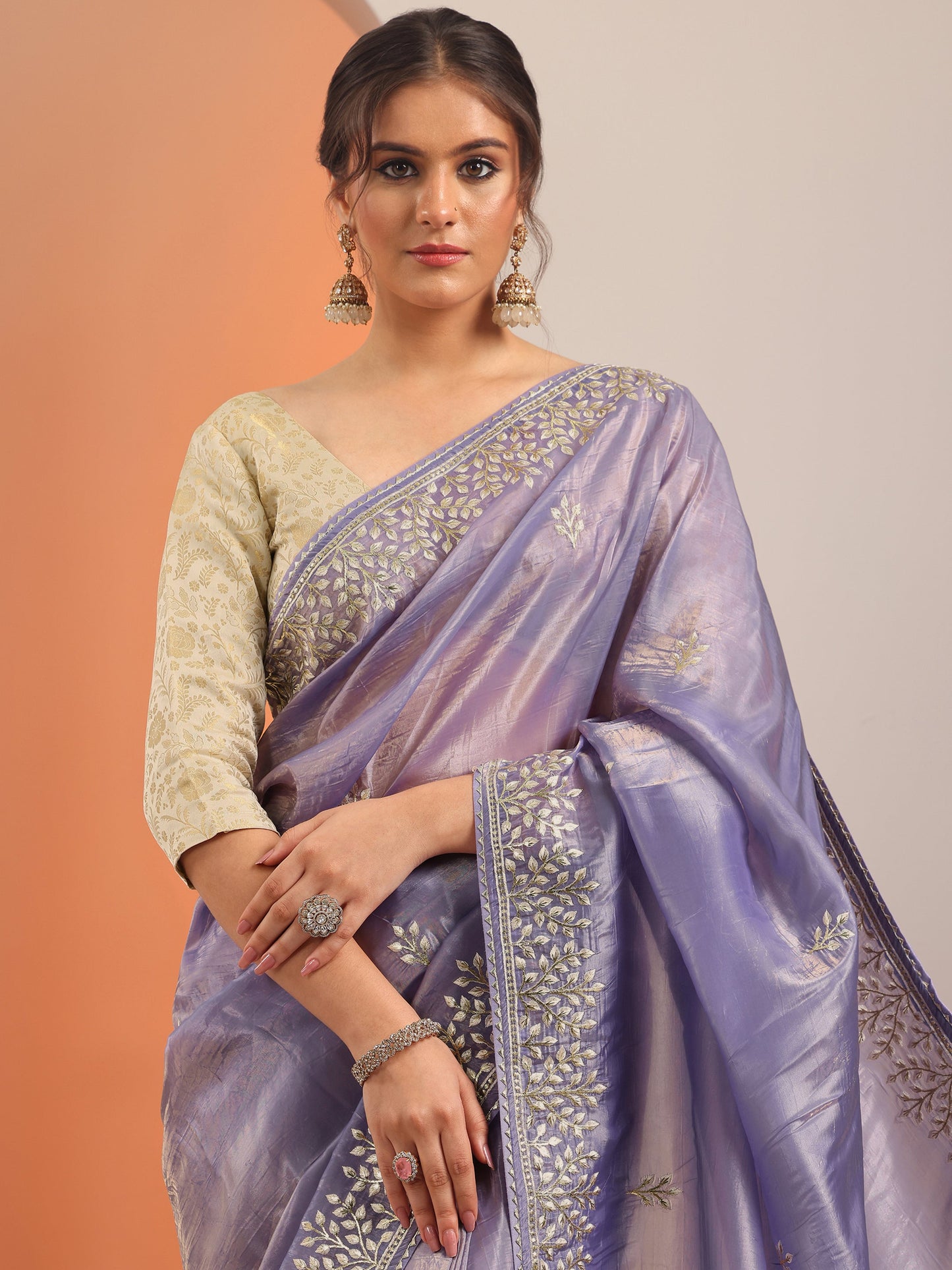 Lavender Embroidered Jimmy Choo Organza Saree With Unstitched Blouse Piece