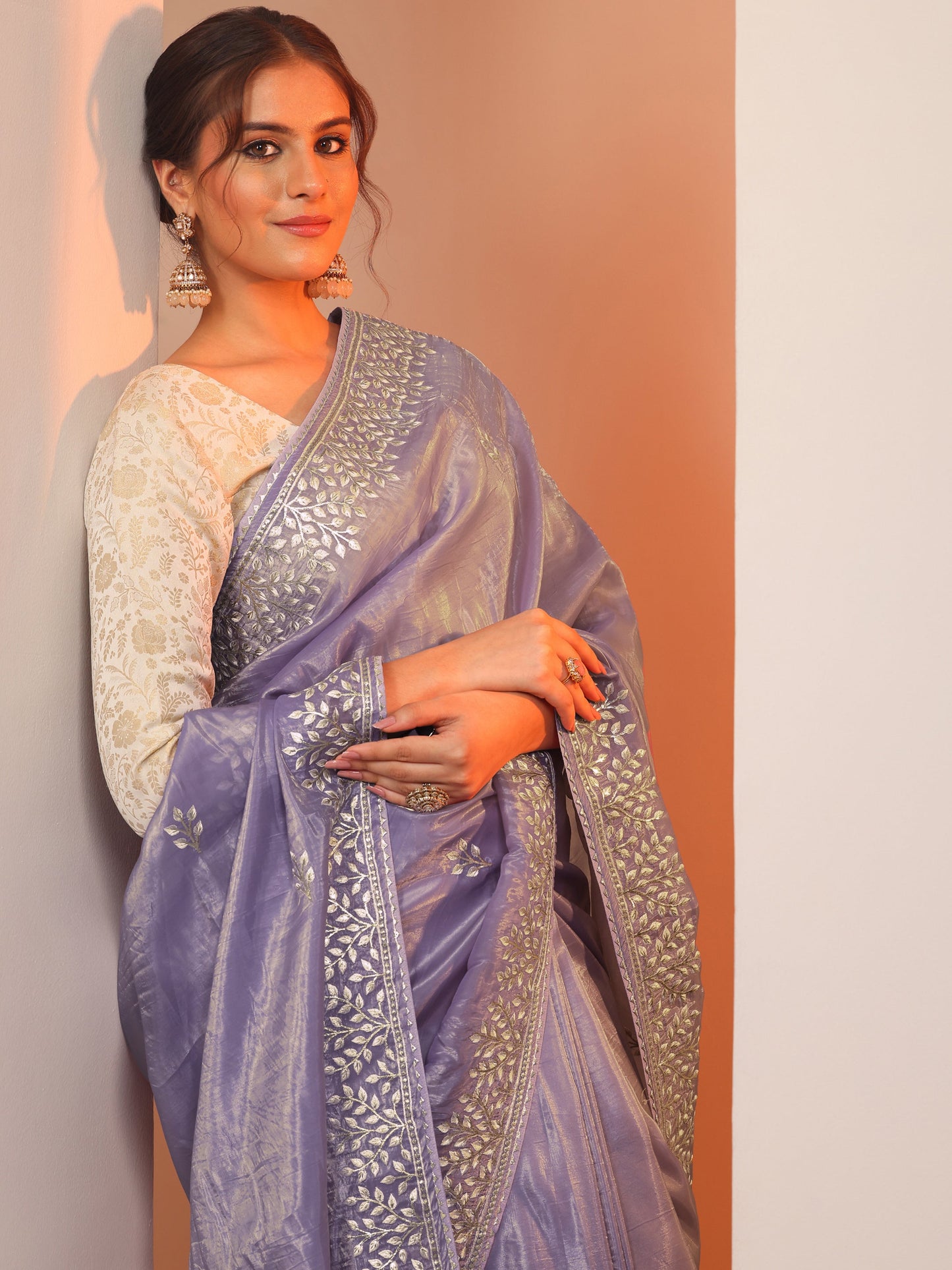 Lavender Embroidered Jimmy Choo Organza Saree With Unstitched Blouse Piece