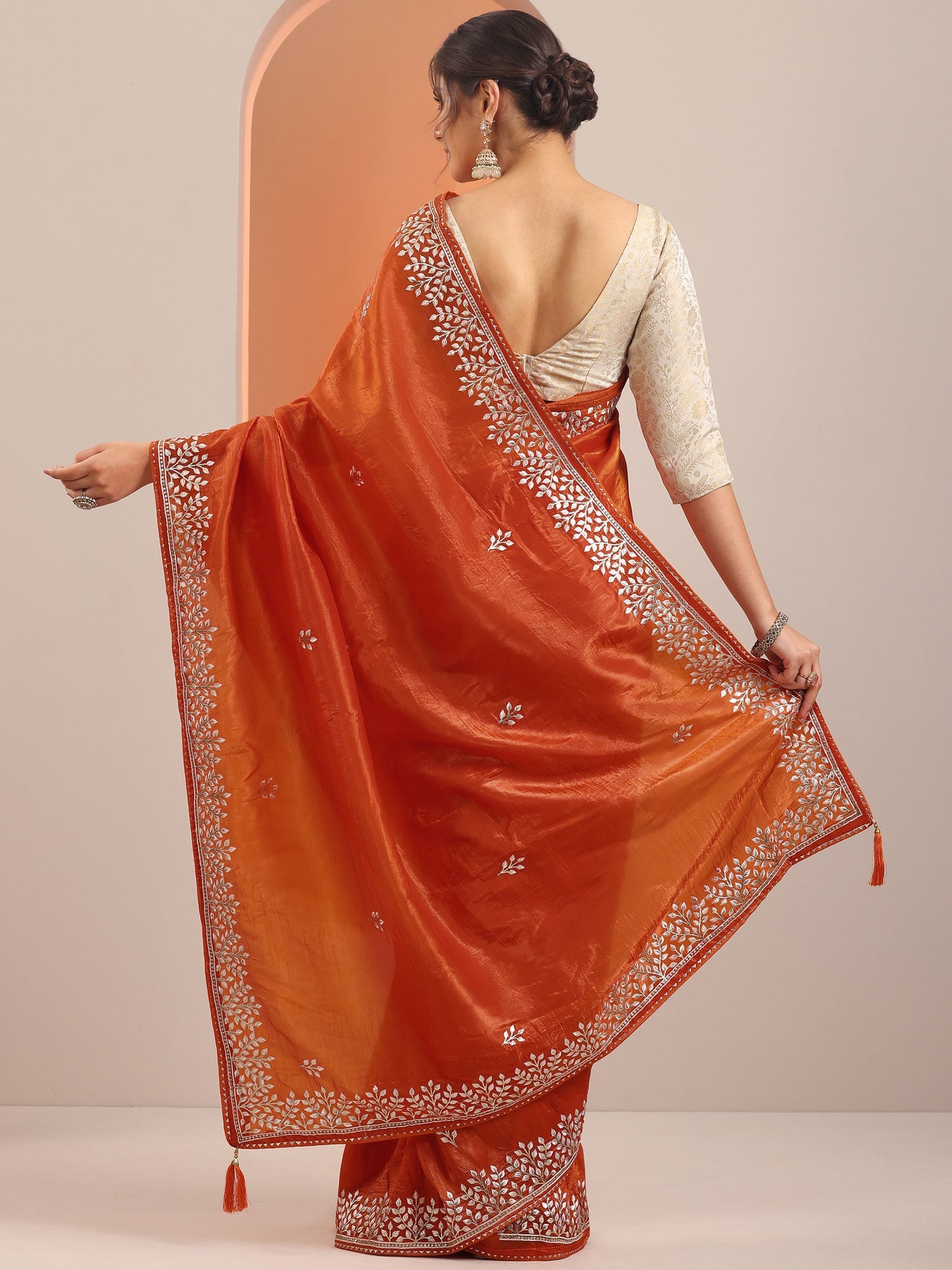 Orange Embroidered Organza Saree With Unstitched Blouse Piece