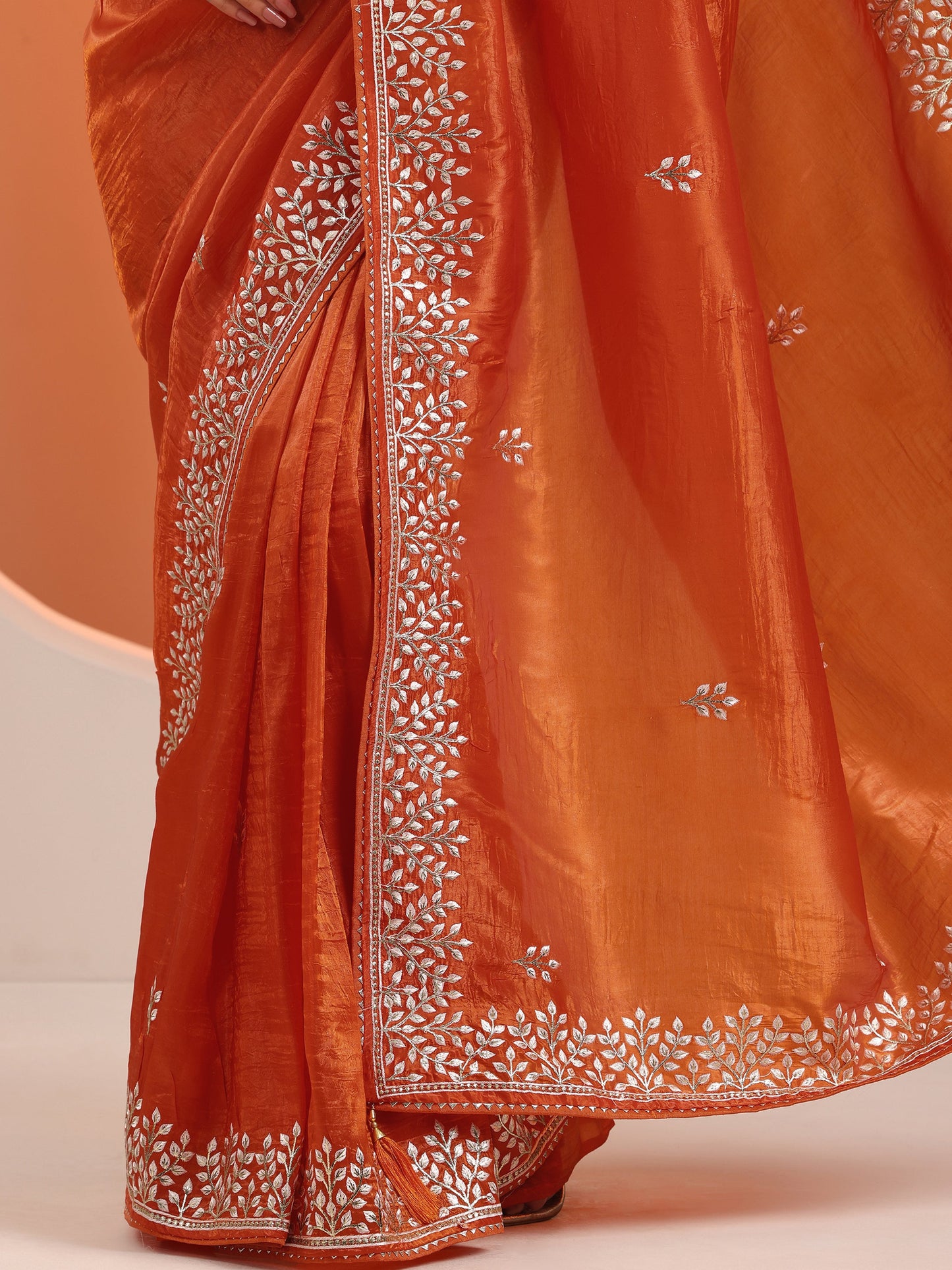 Orange Embroidered Organza Saree With Unstitched Blouse Piece
