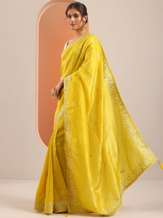 Yellow Embroidered Organza Saree With Unstitched Blouse Piece