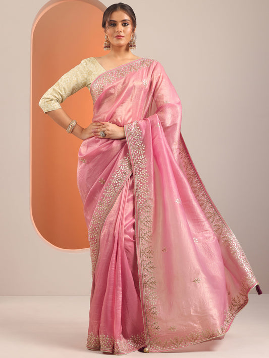 Pink Embroidered Organza Saree With Unstitched Blouse Piece