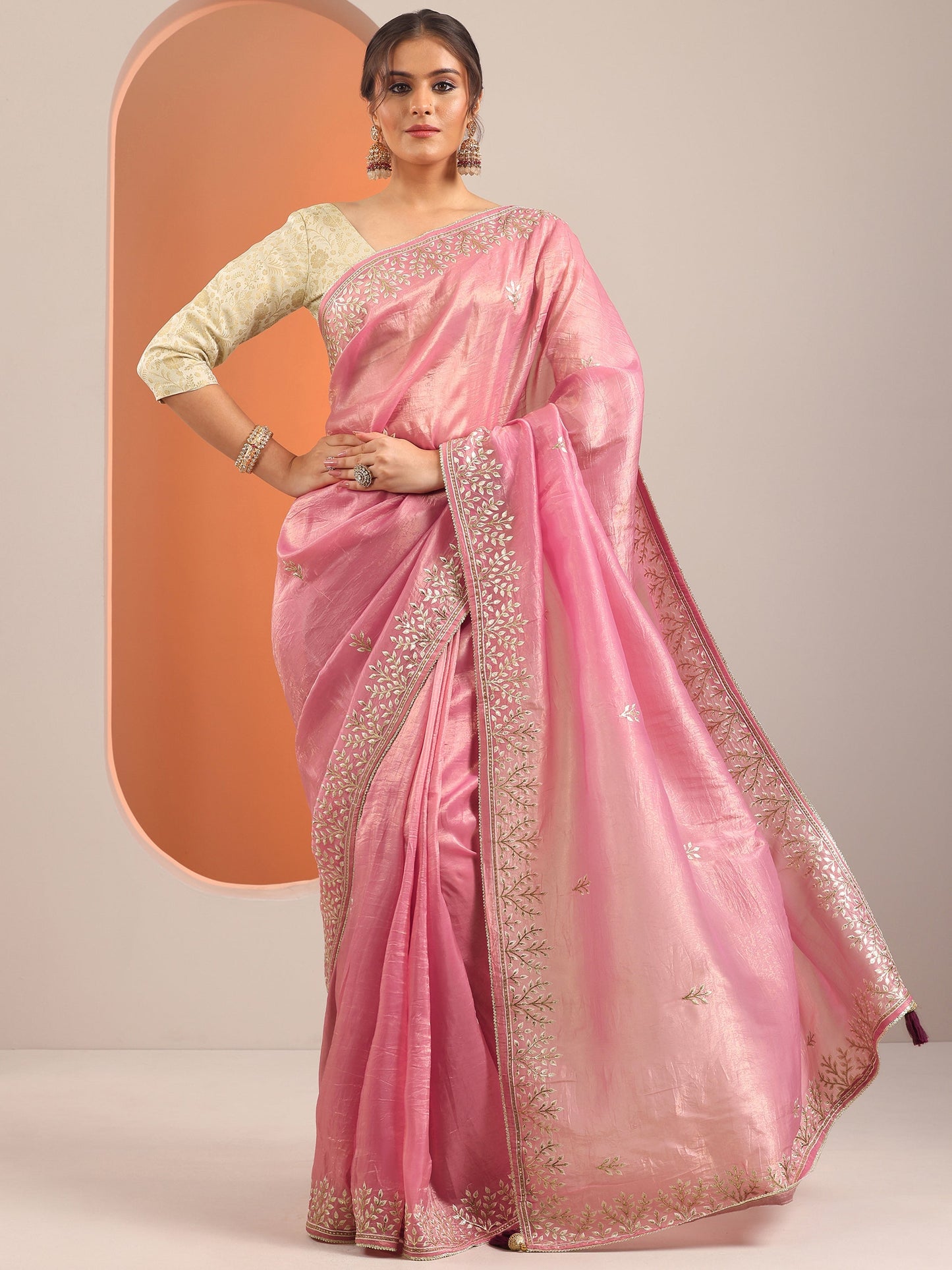 Pink Embroidered Organza Saree With Unstitched Blouse Piece